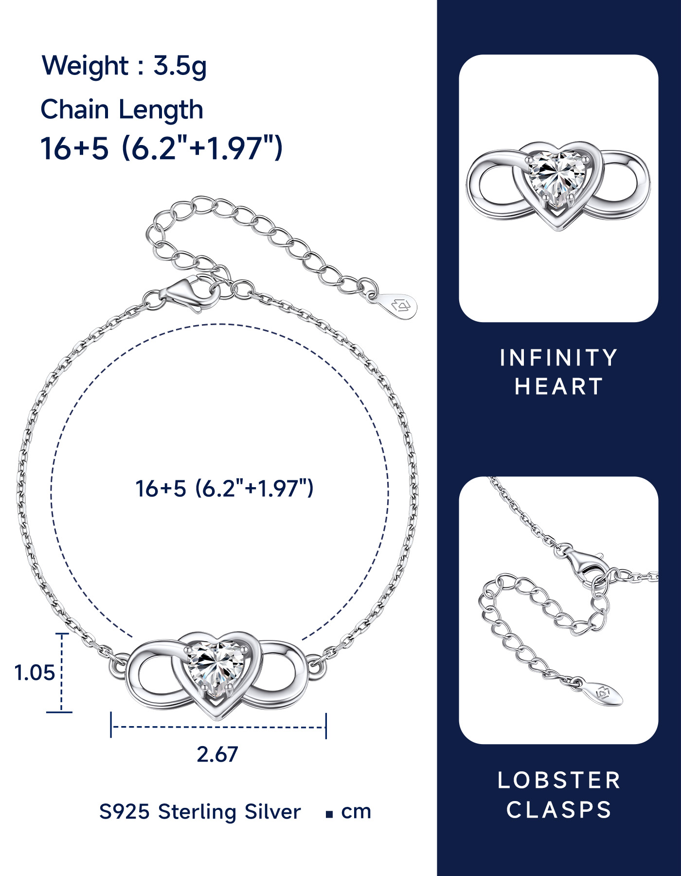 MomentWish Infinity Heart Bracelet With Moissanite For Women