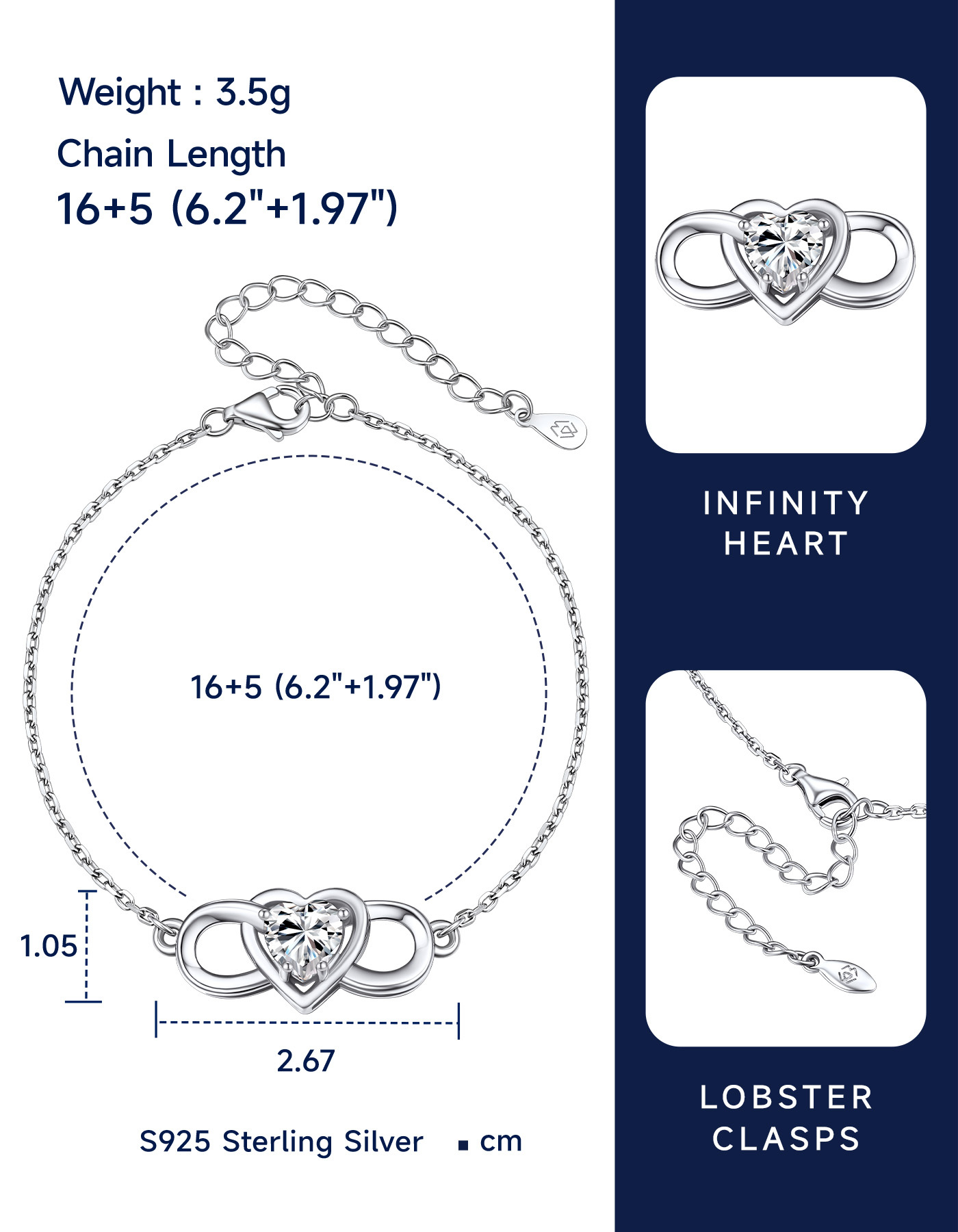 MomentWish Infinity Heart Bracelet With Moissanite For Women