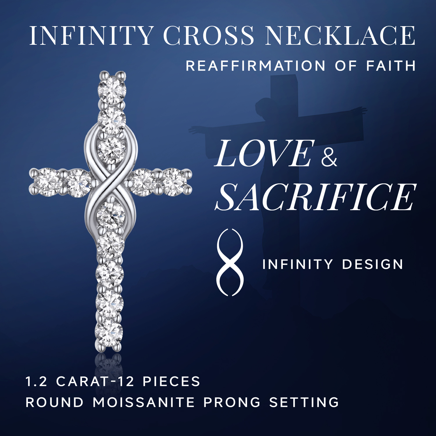 MomentWish Sterling Silver Infinity Moissanite Cross Pendant Necklace