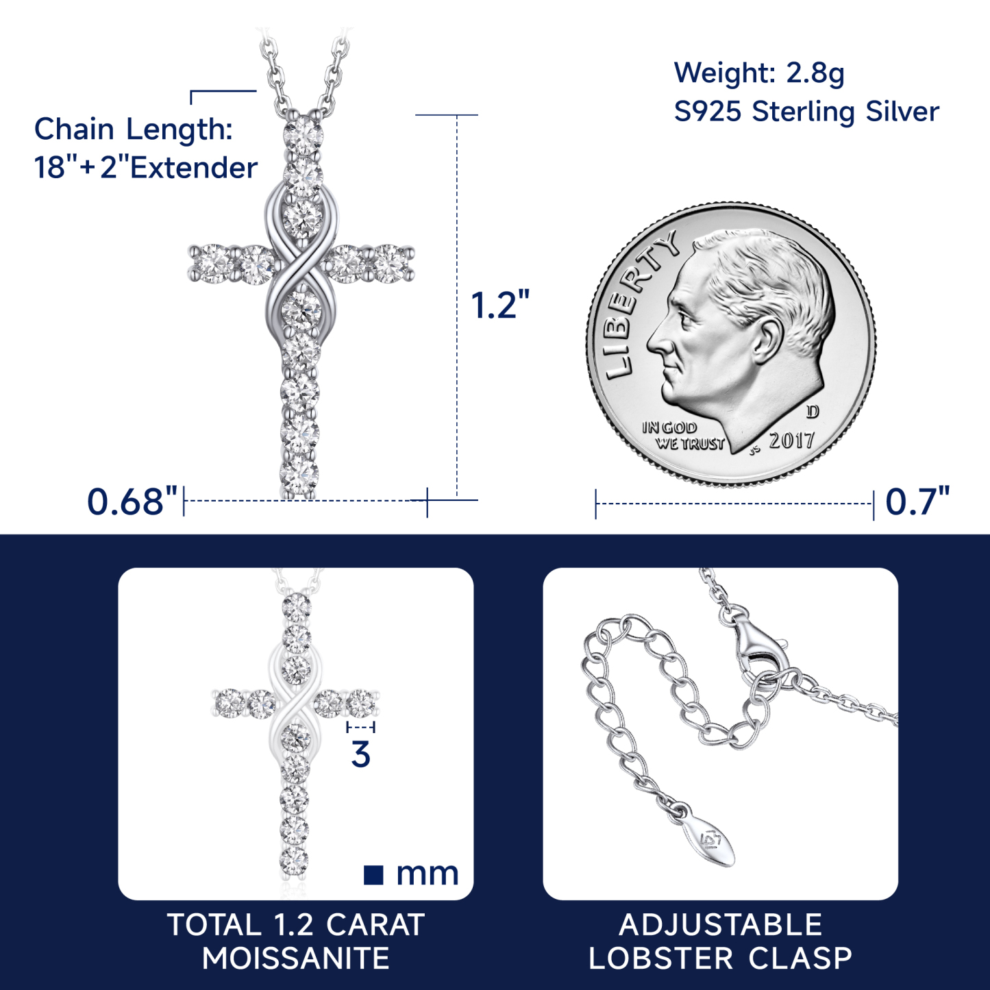 MomentWish Sterling Silver Infinity Moissanite Cross Pendant Necklace