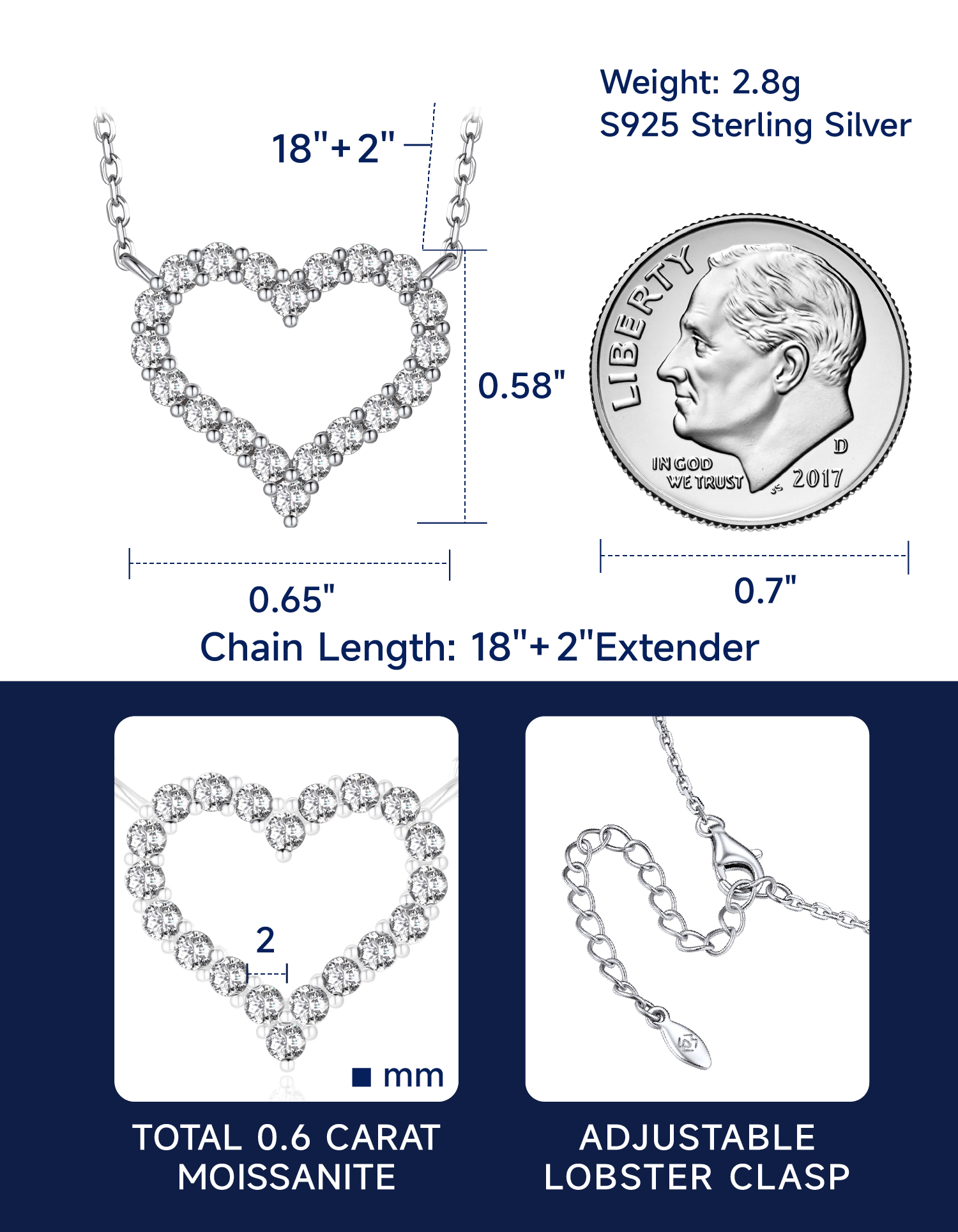 MomentWish Heart Necklace, 0.3Carat Moissanite Love Necklace for Women, D Color VVS1 Moissanite 925 Sterling Silver Necklace Wedding Birthday Gifts for Her