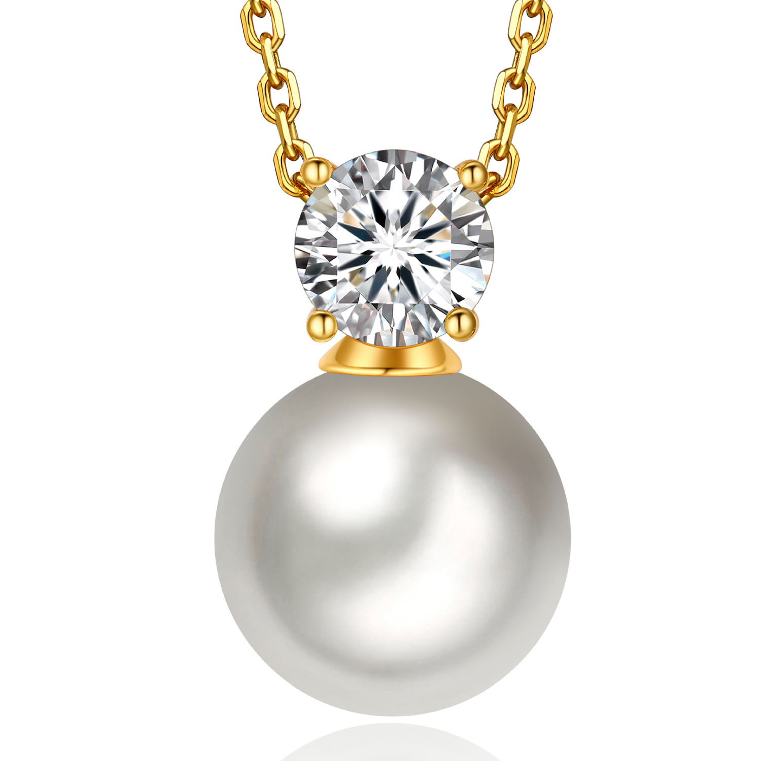 MomentWish 14k White Gold Plated Silver Pearl Pendant Necklace for Women Crystal Pearl 12mm，1 Carat D Color VVS1 Moissanite Diamond Necklace