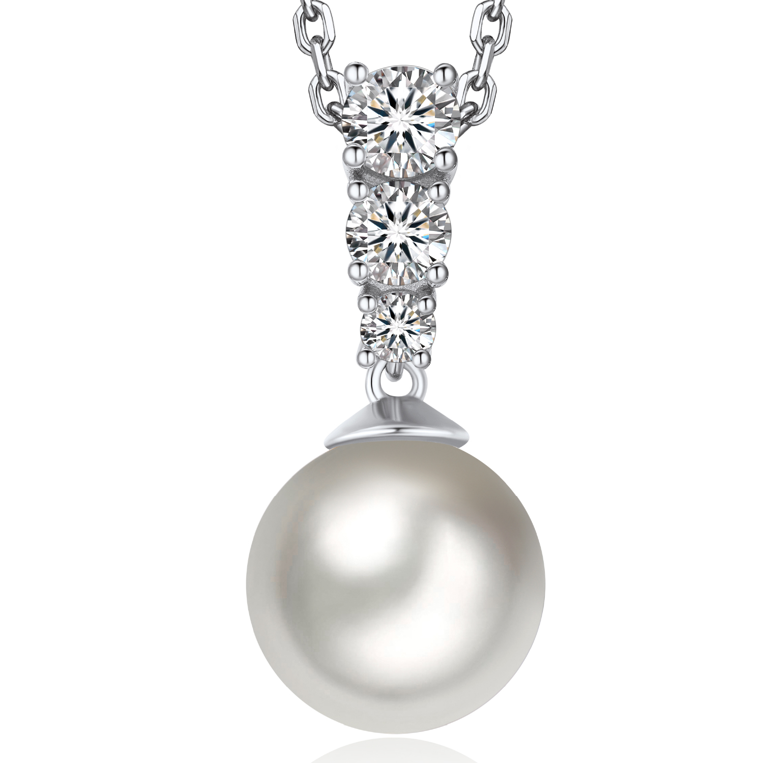 MomentWish 14k White Gold Plated Silver Pearl Pendant Necklace for Women Crystal Pearl 12mm，1 Carat D Color VVS1 Moissanite Diamond Necklace