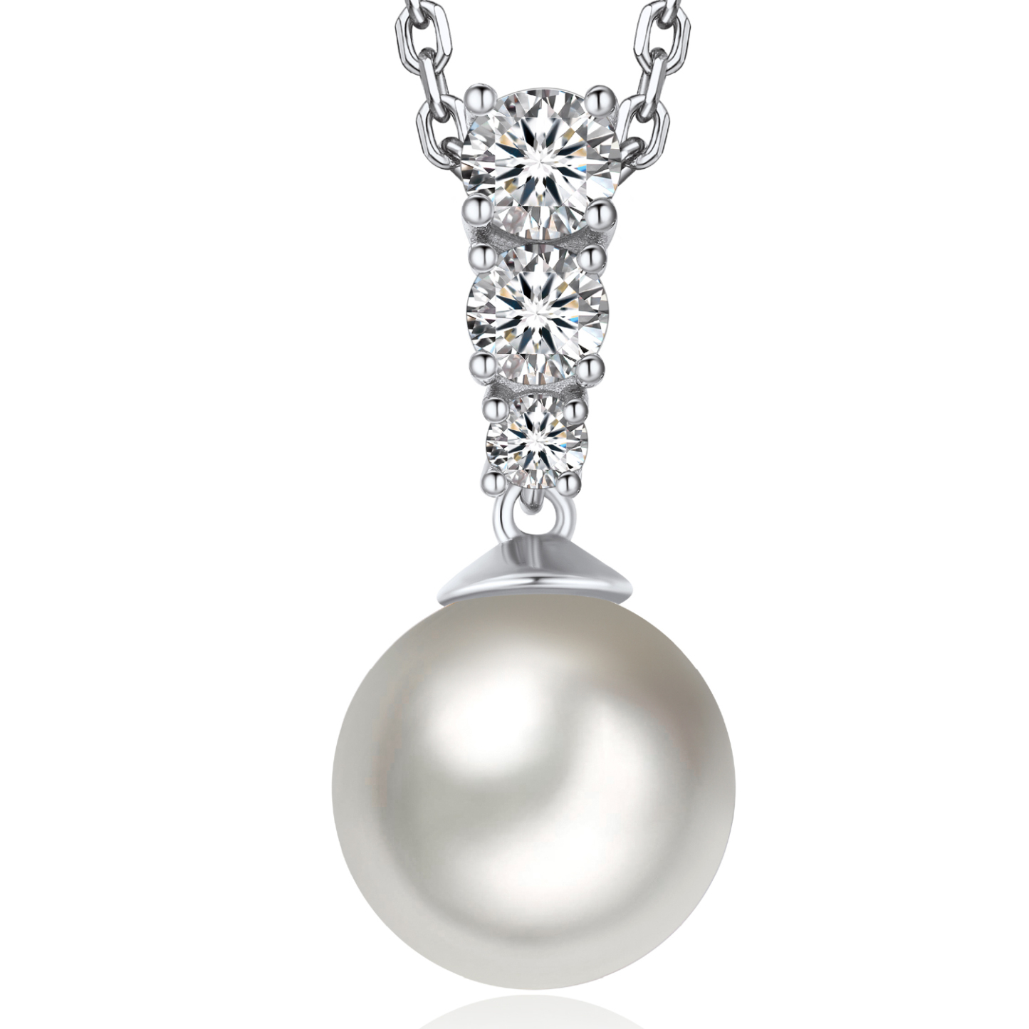 MomentWish 14k White Gold Plated Silver Pearl Pendant Necklace for Women Crystal Pearl 12mm，1 Carat D Color VVS1 Moissanite Diamond Necklace