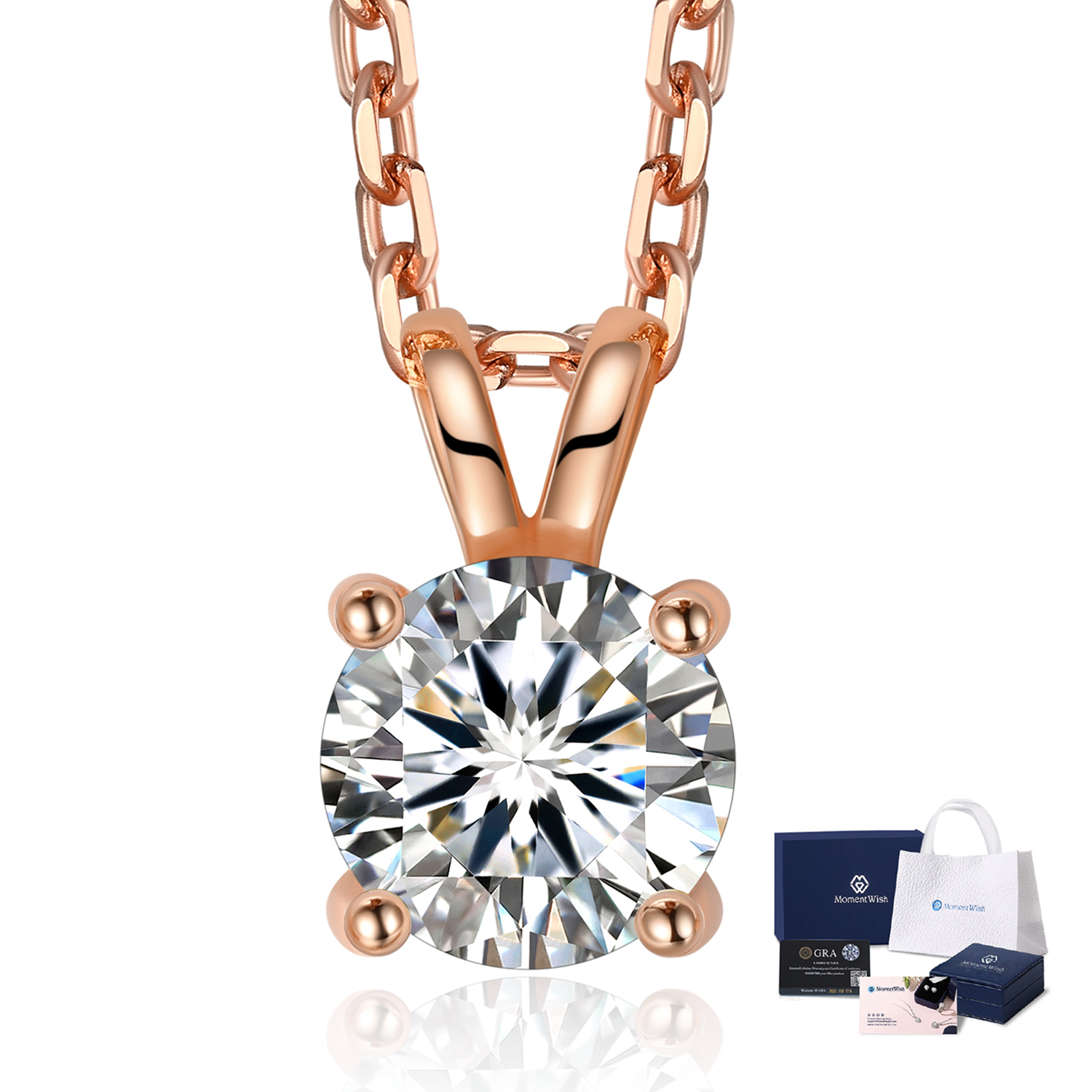 MomentWish 1 Carat Round Cut Moissanite Solitaire Pendant Necklace for