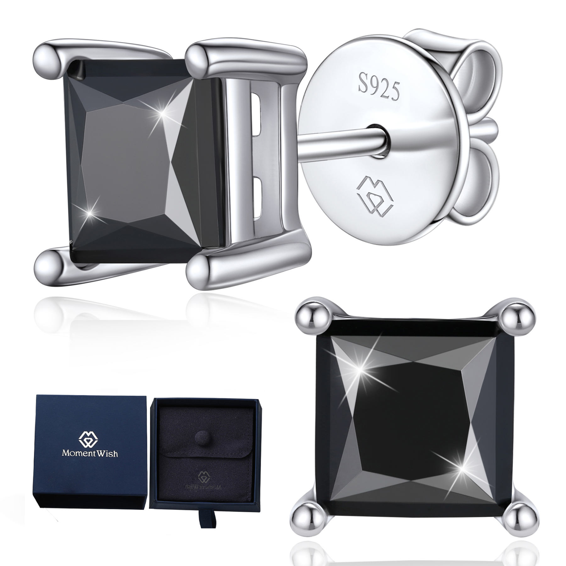 Black Halo Stud Earrings MomentWish 2Carat Moissanite Stud Earring, D Color VVS1 Simulated Black Diamond 925 Sterling Silver Halo Earrings