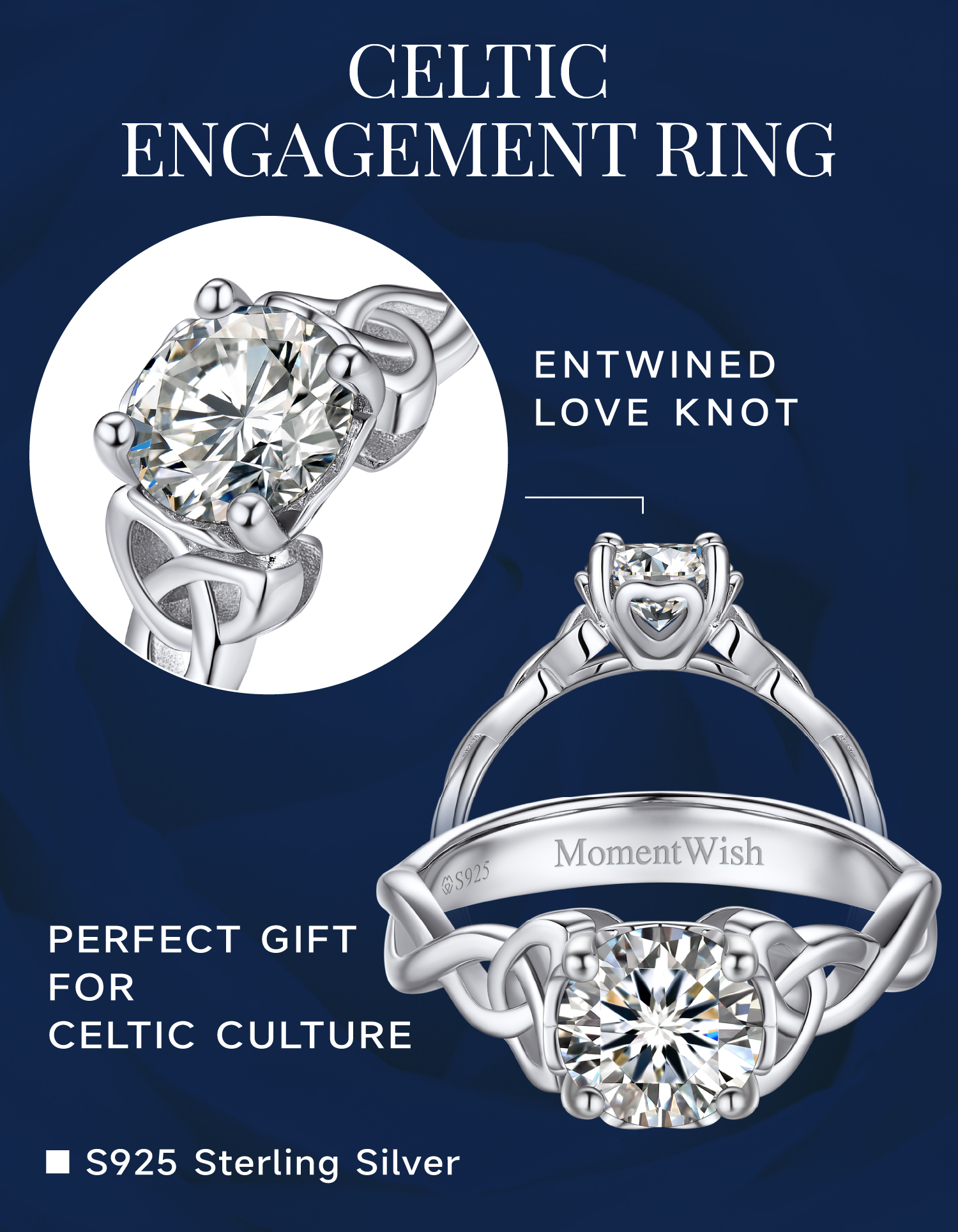 MomentWish Moissanite Wedding Rings for Women, D Color VVS1 Simulated Diamond 925 Sterling Silver Solitaire Rings