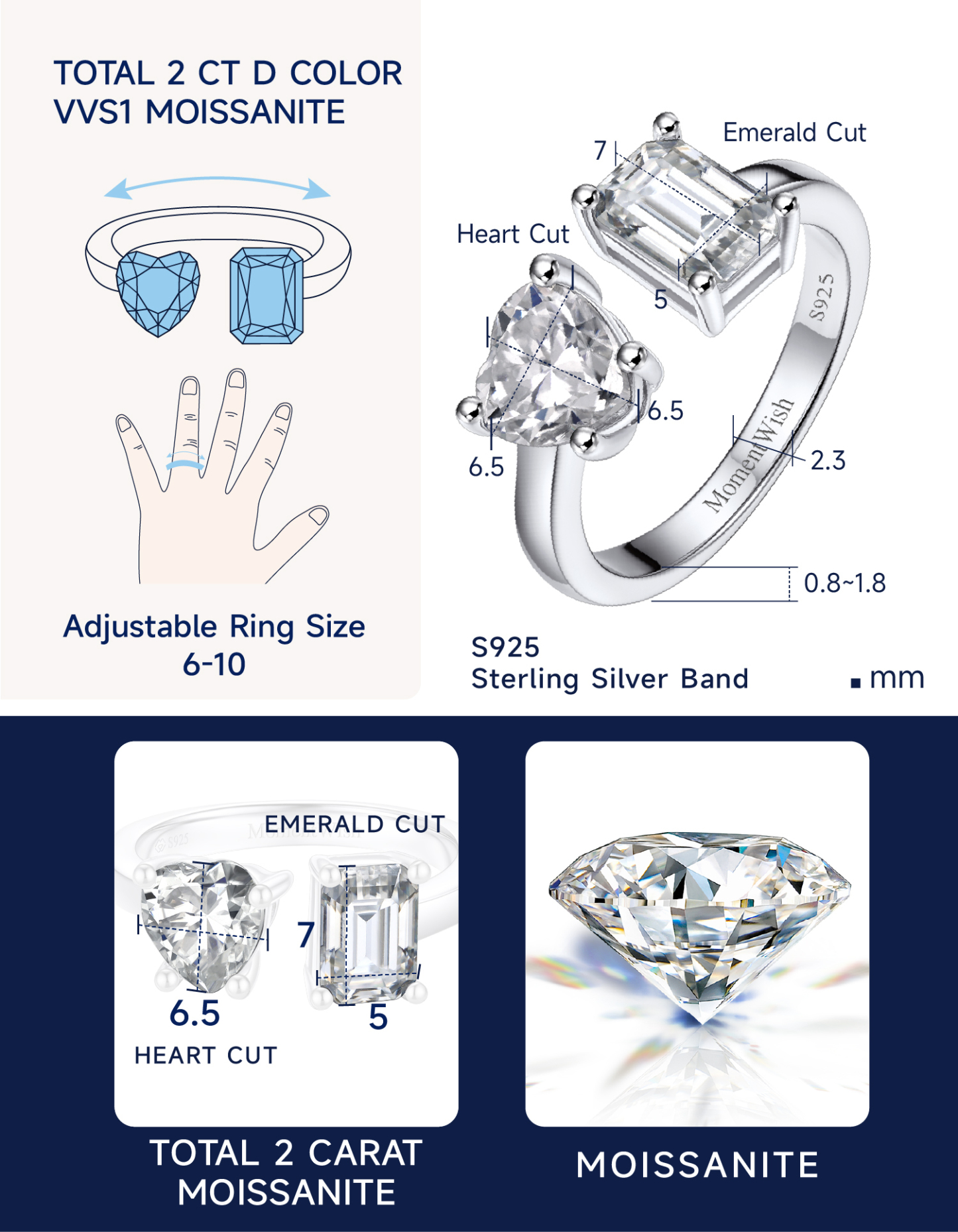 MomentWish Engagement Ring, 2Carat Heart and Emerald Cut Moissanite Promise Ring for Women, Adjustable 925 Sterling Silver Wedding Band