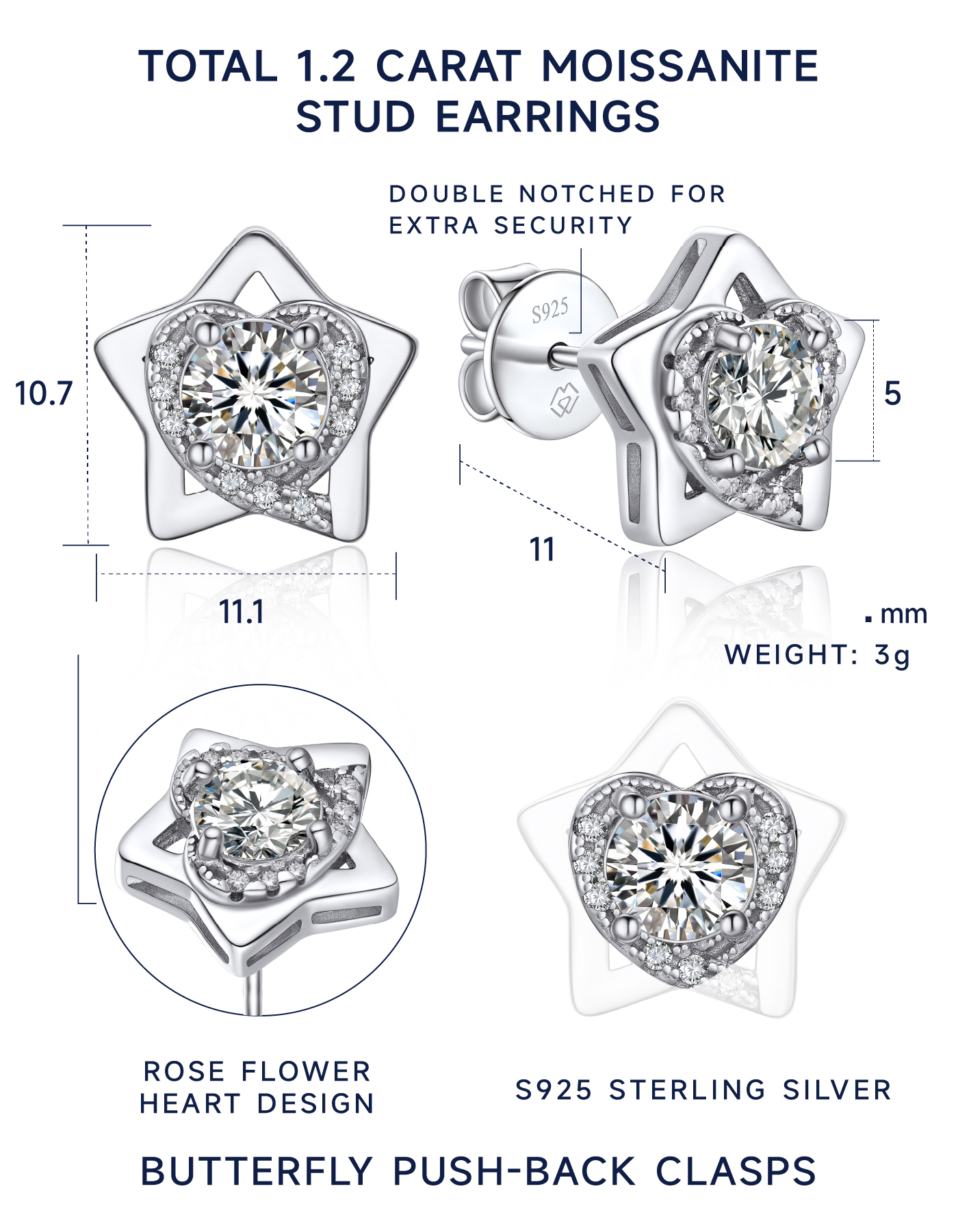 MomentWish 925 Sterling Silver Earrings For Women 1Carat Moissanite D Color VVS1 Simulated Diamond Stud Earrings