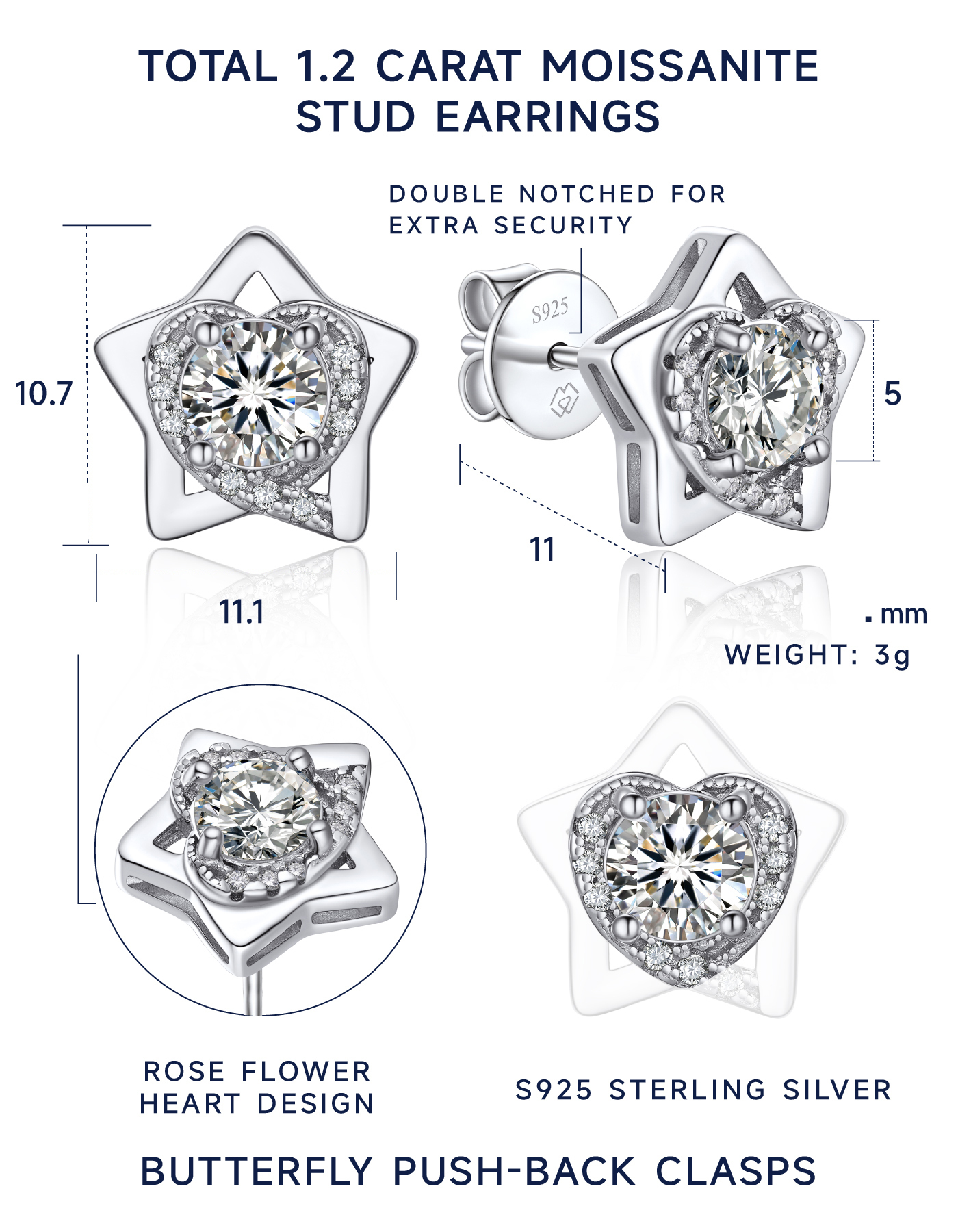 MomentWish 925 Sterling Silver Earrings For Women 1Carat Moissanite D Color VVS1 Simulated Diamond Stud Earrings