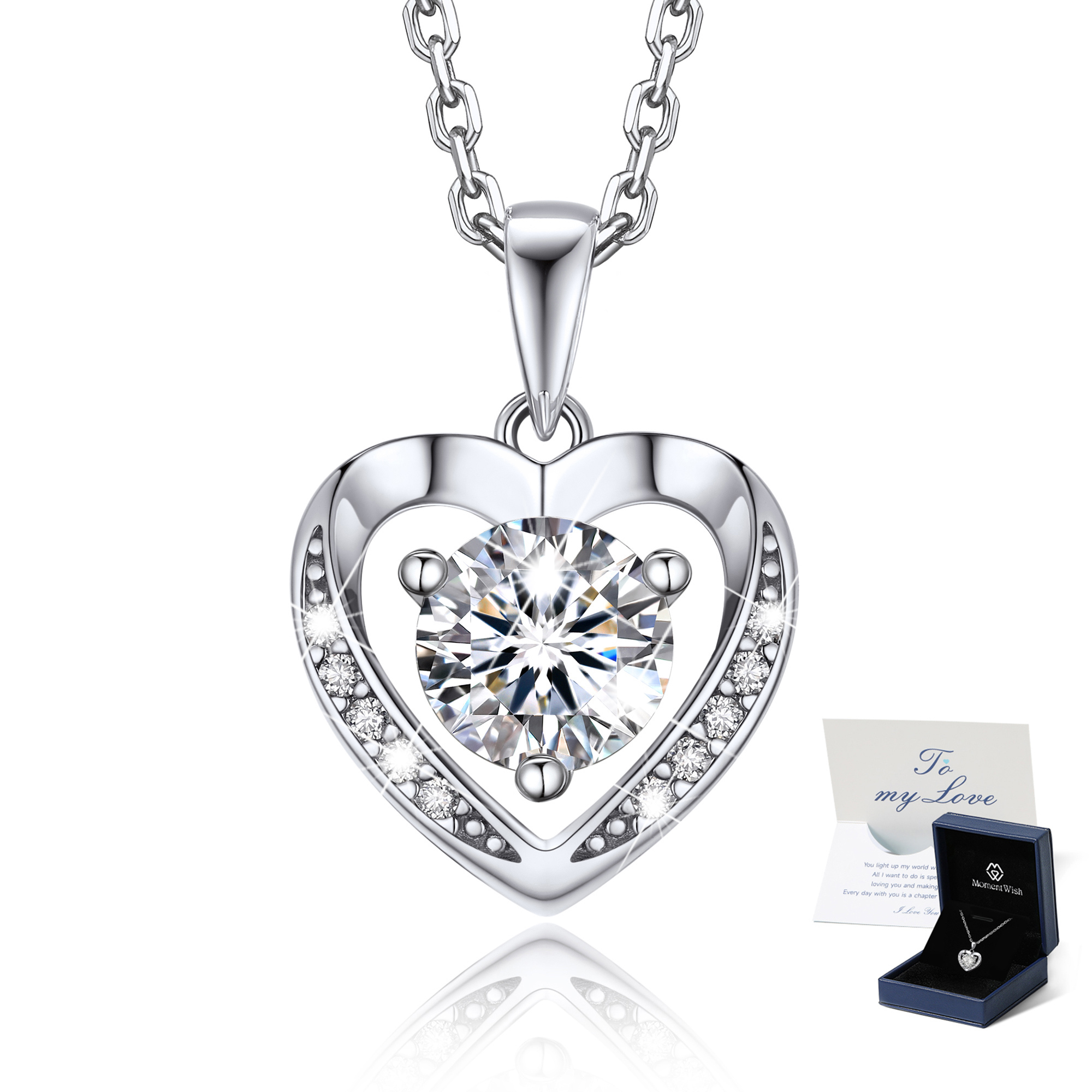 Momentwish 1 Carat Moissanite Heart Necklace for Women Simulated Diamond Sterling Silver Necklace Gifts for Her