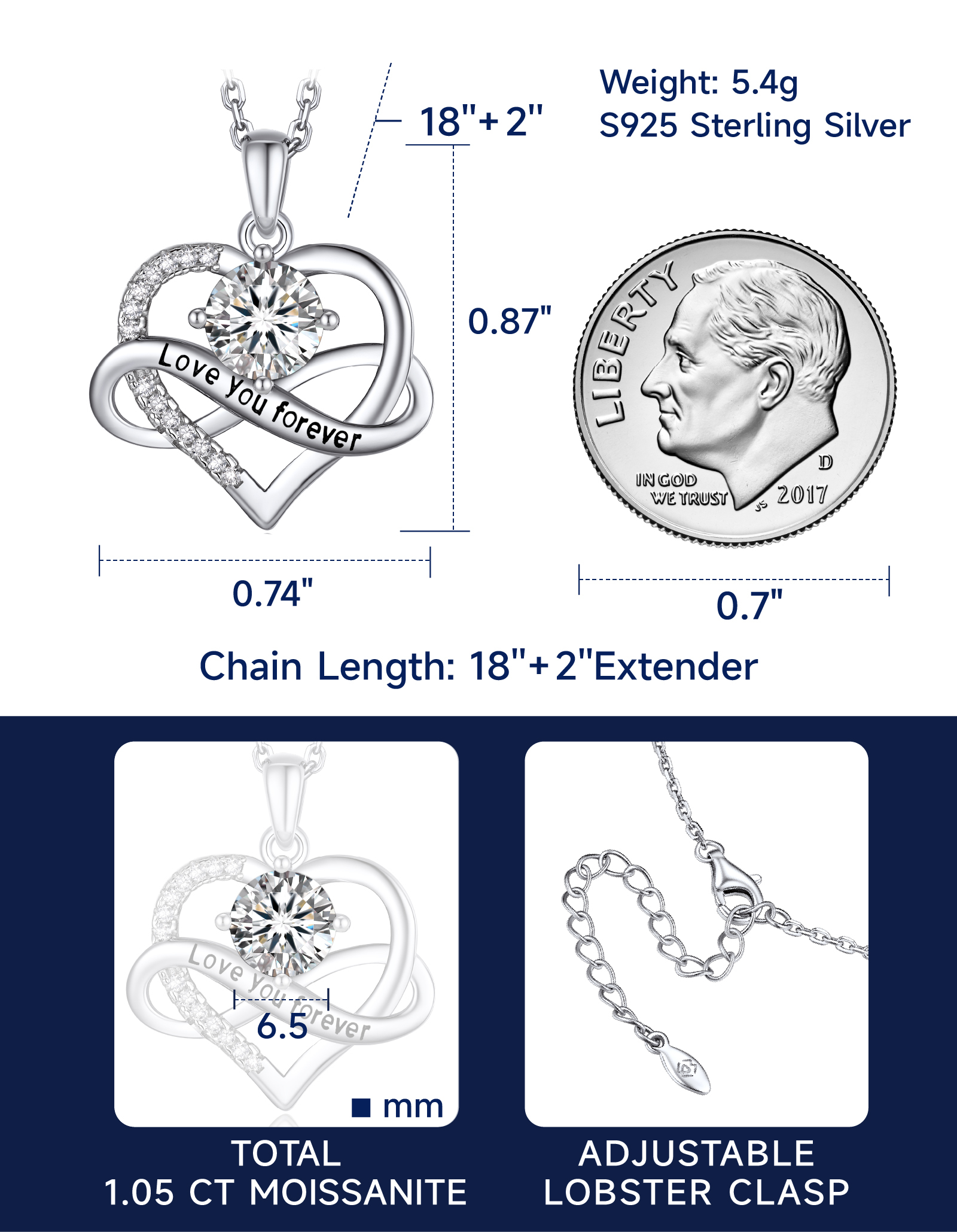 MomentWish Infinity Heart Pendant Necklace for Women,1 Carat D Color VVS1 Simulated Diamond Necklace Jewelry Gifts for Her