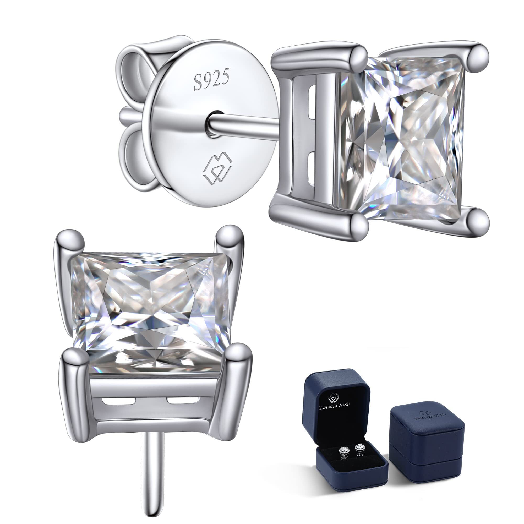 MomentWish Stud Earrings for Women,2Carat Moissanite D Color VVS1 Simulated Diamond Princes Cut 925 Sterling Silver Solitaire Earrings