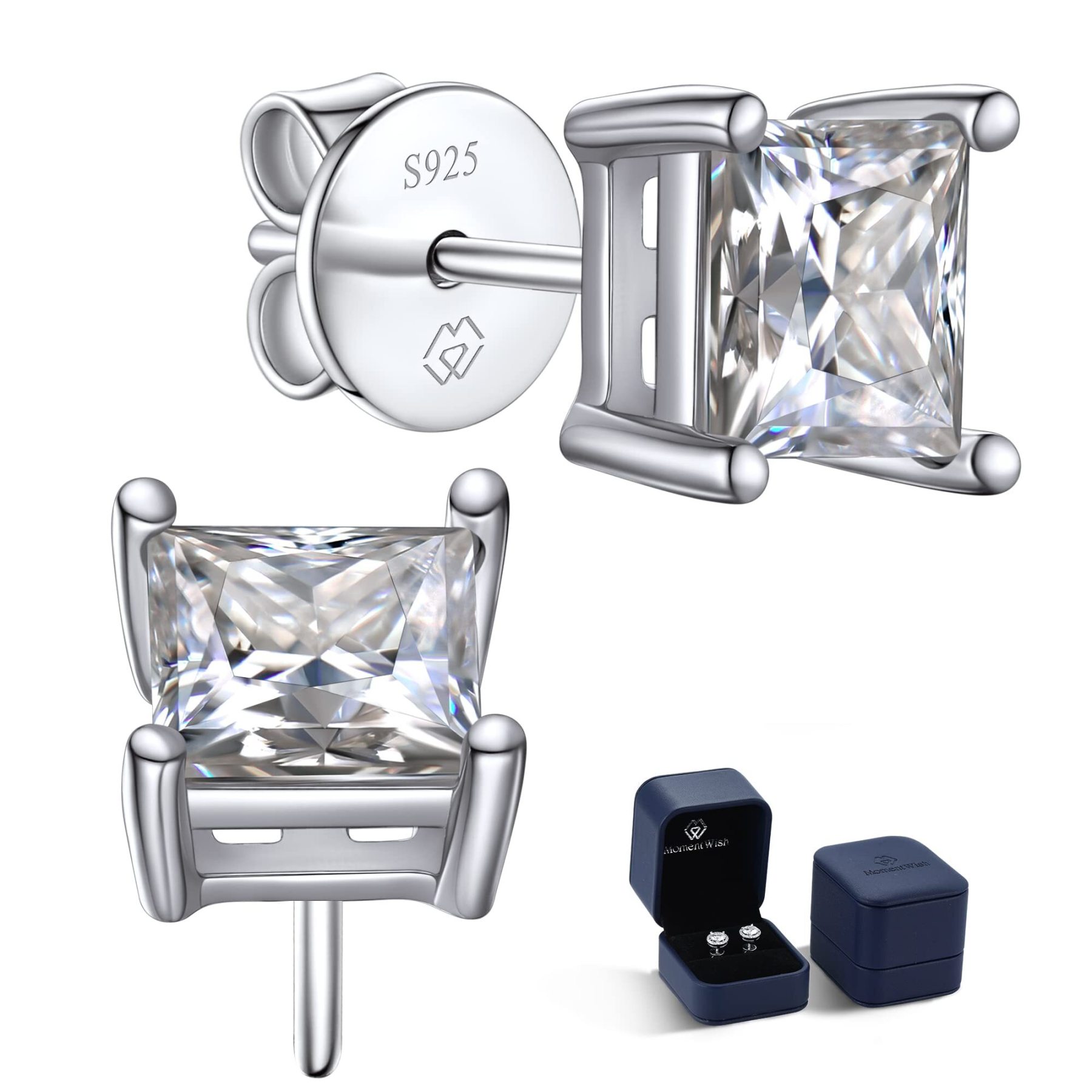 MomentWish Stud Earrings for Women,2Carat Moissanite D Color VVS1 Simulated Diamond Princes Cut 925 Sterling Silver Solitaire Earrings