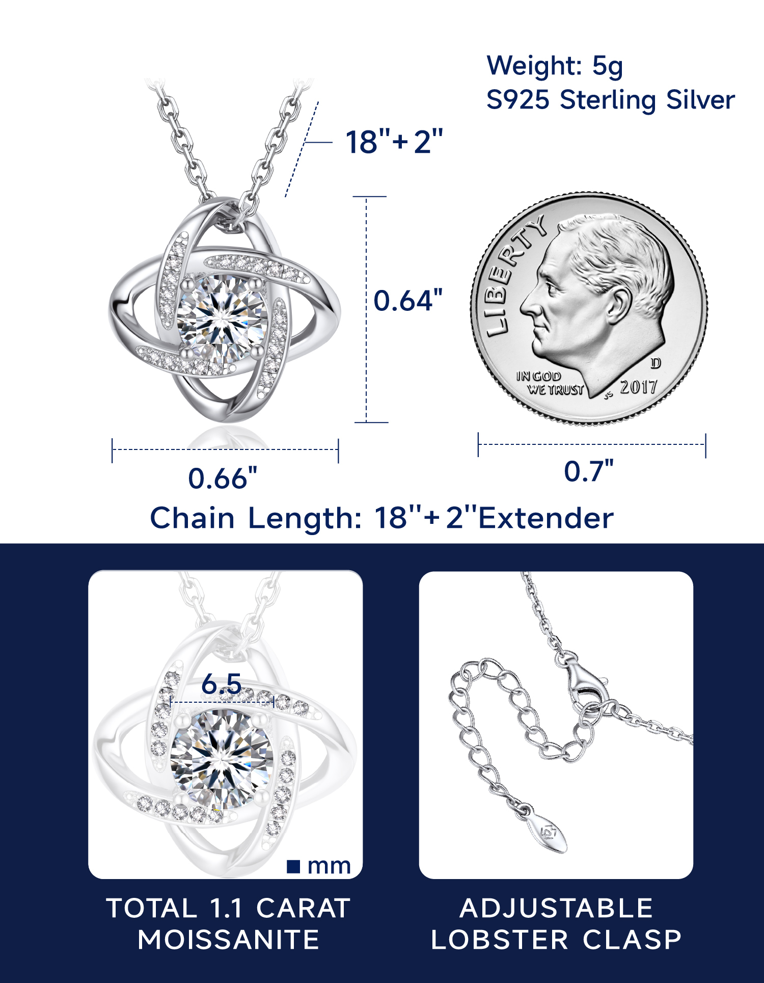 MomentWish Love Knot Necklace, Engagement Wedding Gifts for the Bride, 1Carat Moissanite Diamond Necklaces for Women