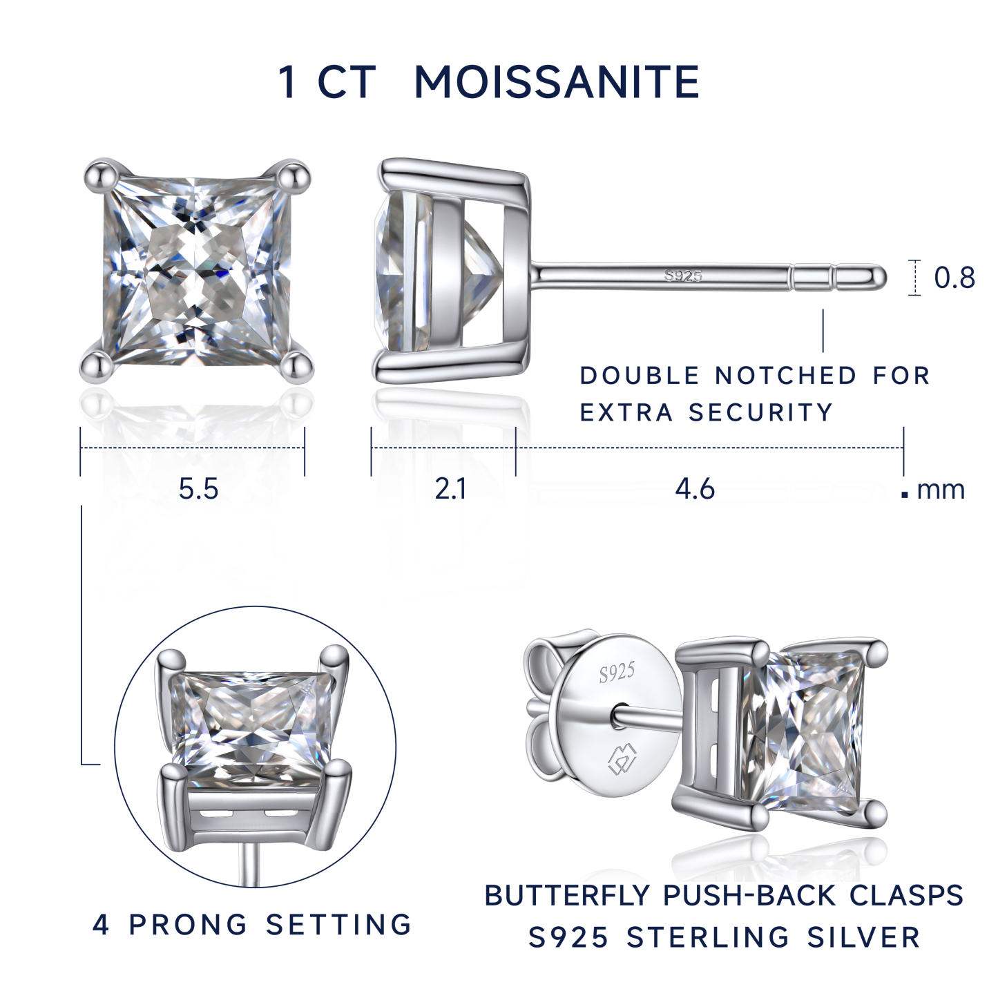 MomentWish Stud Earrings for Women,2Carat Moissanite D Color VVS1 Simulated Diamond Princes Cut 925 Sterling Silver Solitaire Earrings