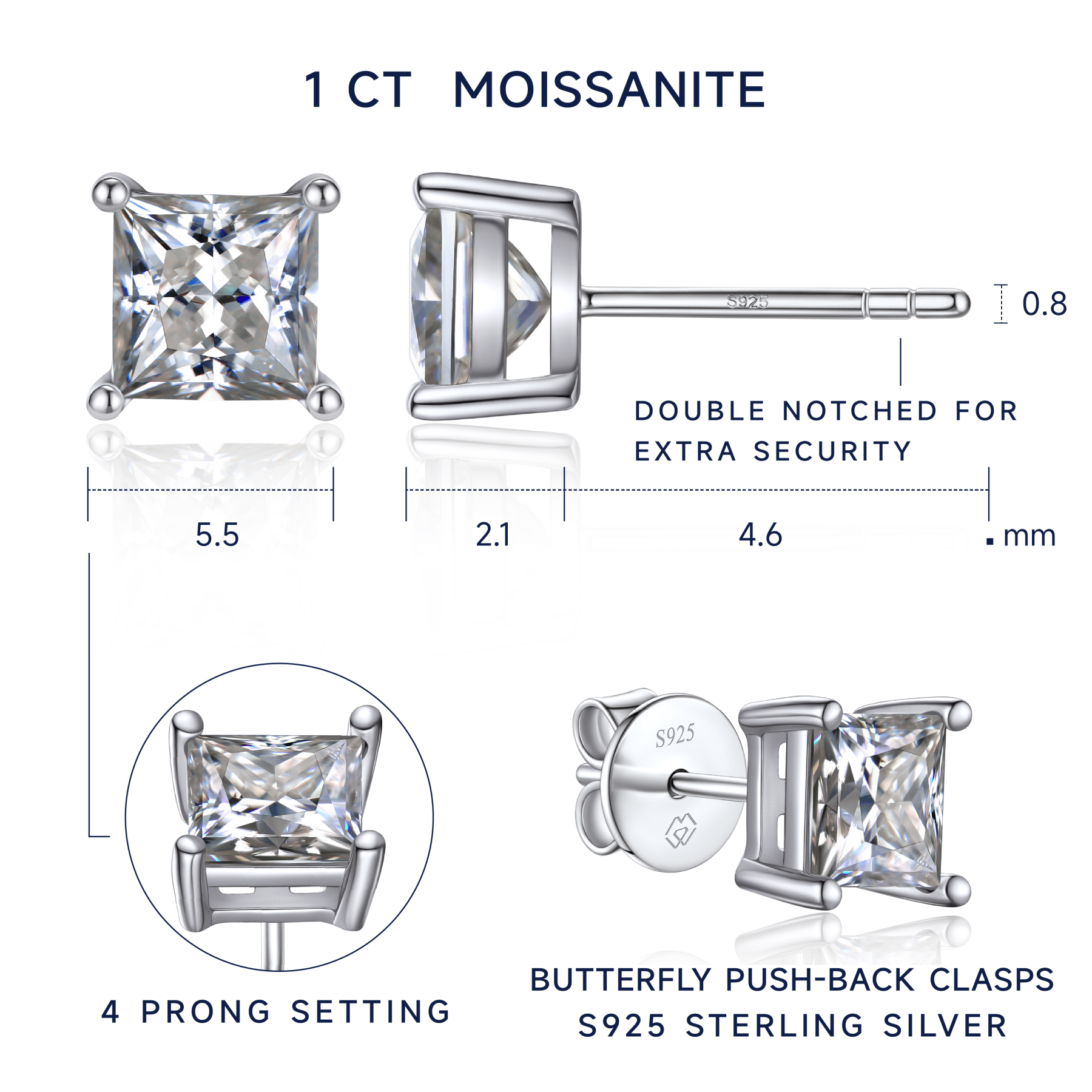 MomentWish Stud Earrings for Women,2Carat Moissanite D Color VVS1 Simulated Diamond Princes Cut 925 Sterling Silver Solitaire Earrings