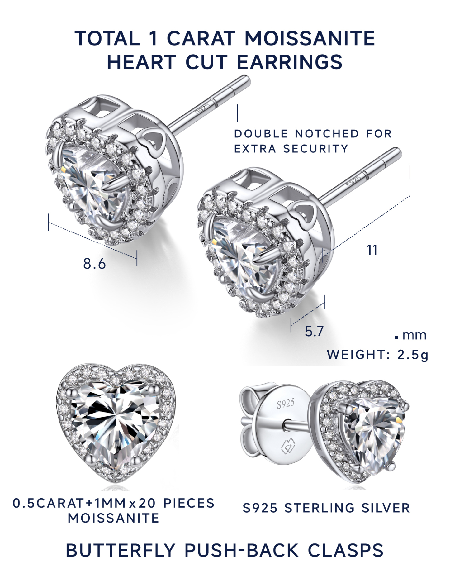 MomentWish Women's Moissanite Earring, D Color VVS1 Simulated Diamond 925 Sterling Silver Stud Earrings Gifts for Her