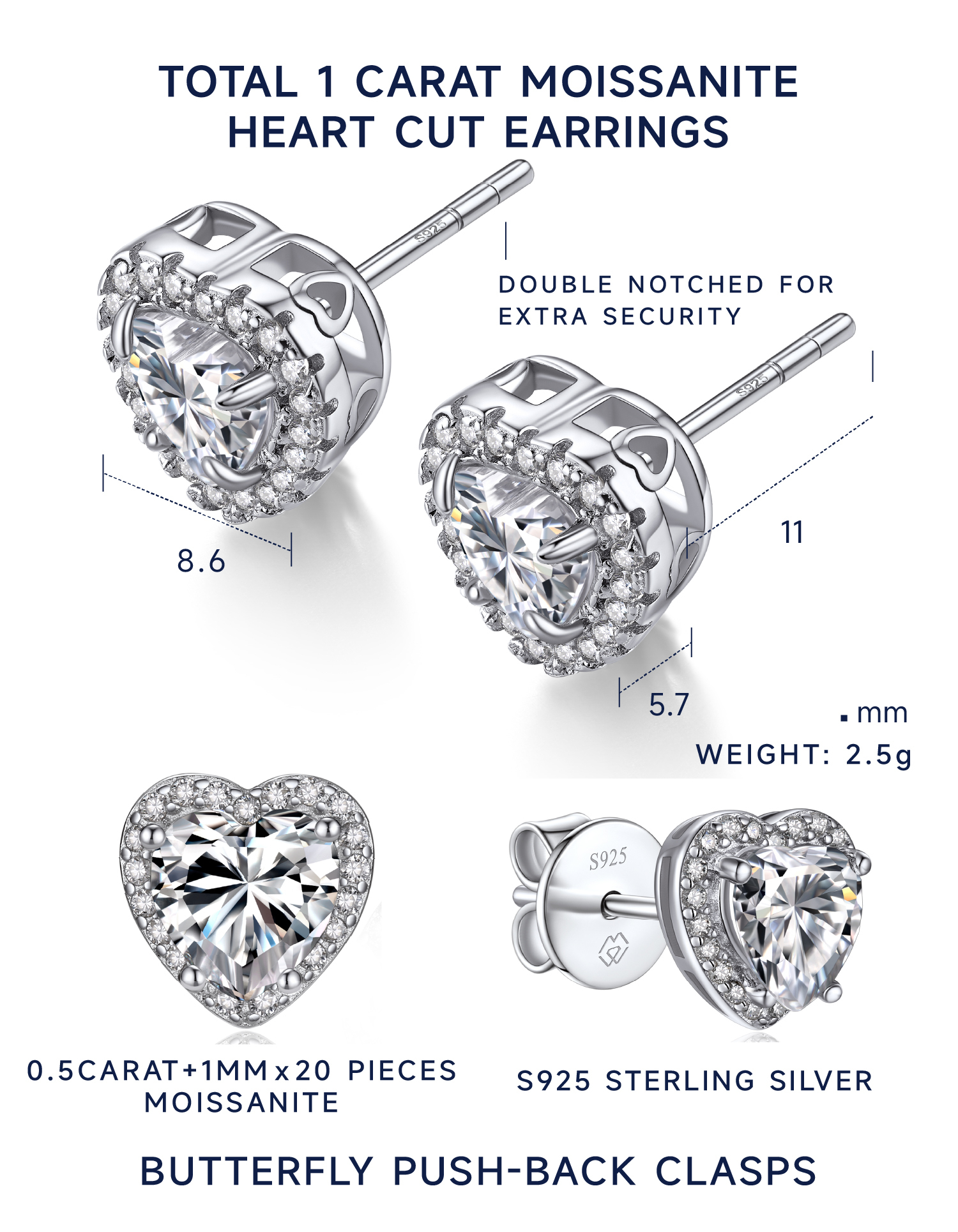 MomentWish Women's Moissanite Earring, D Color VVS1 Simulated Diamond 925 Sterling Silver Stud Earrings Gifts for Her