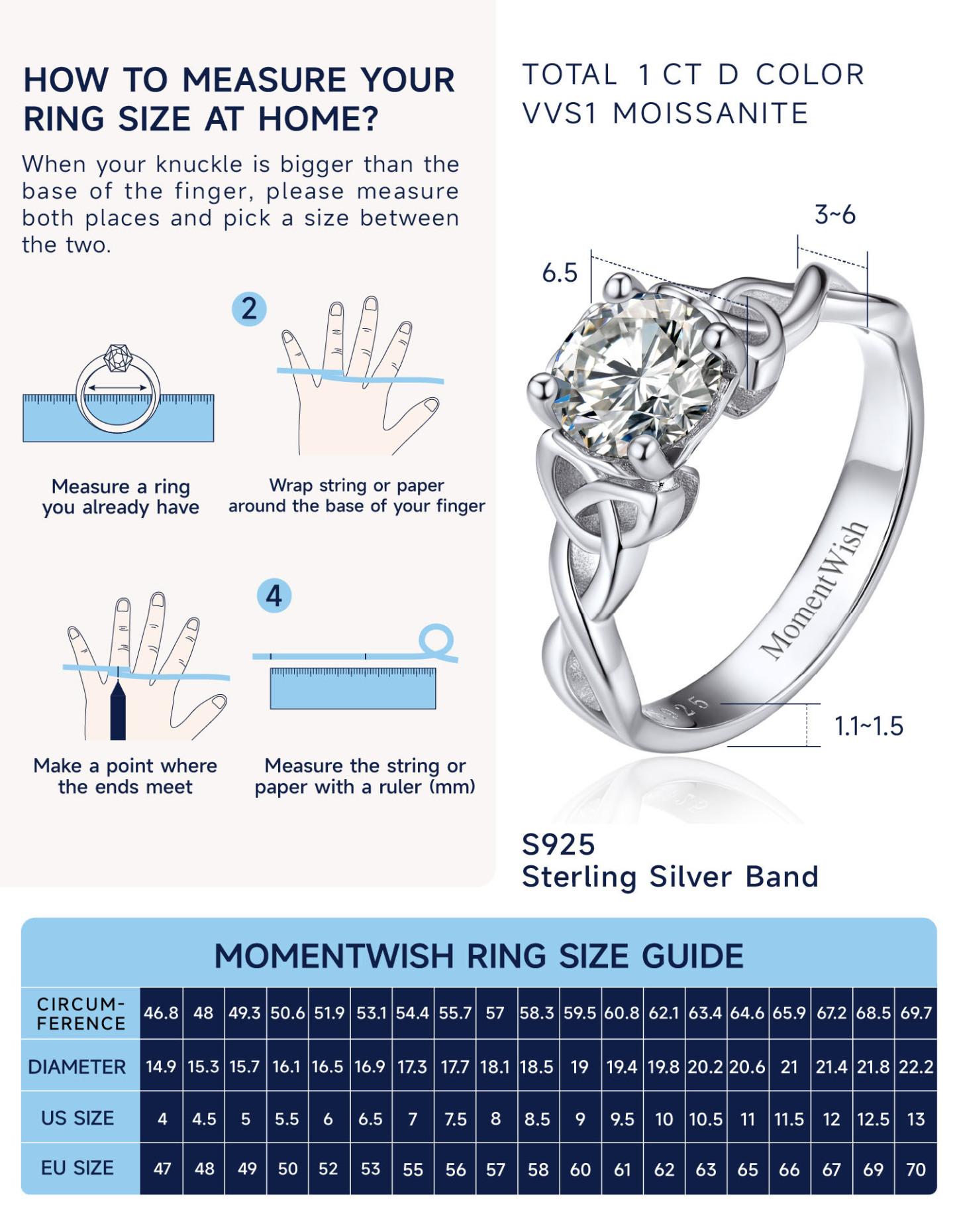 MomentWish Moissanite Wedding Rings for Women, D Color VVS1 Simulated Diamond 925 Sterling Silver Solitaire Rings