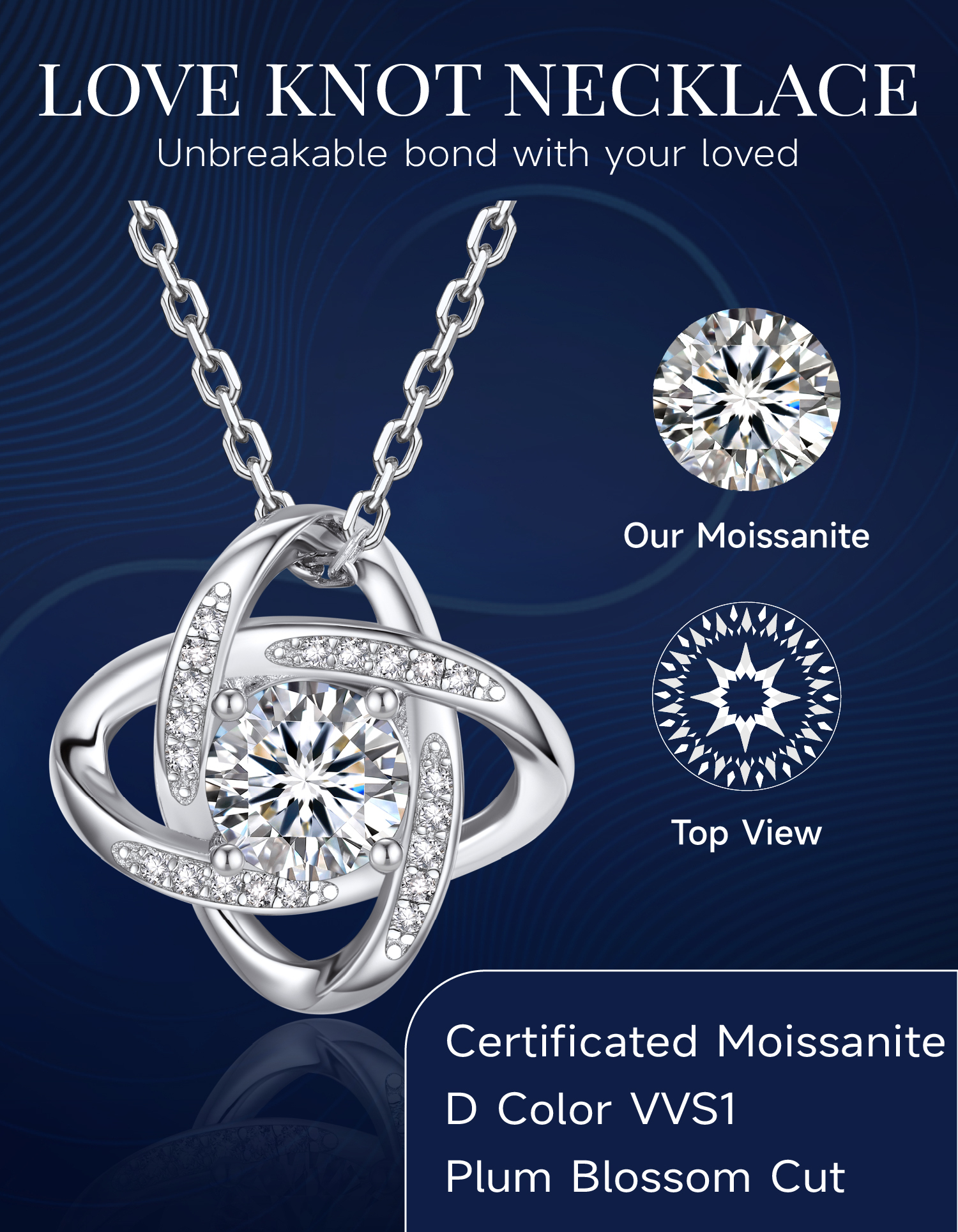 MomentWish Love Knot Necklace, Engagement Wedding Gifts for the Bride, 1Carat Moissanite Diamond Necklaces for Women