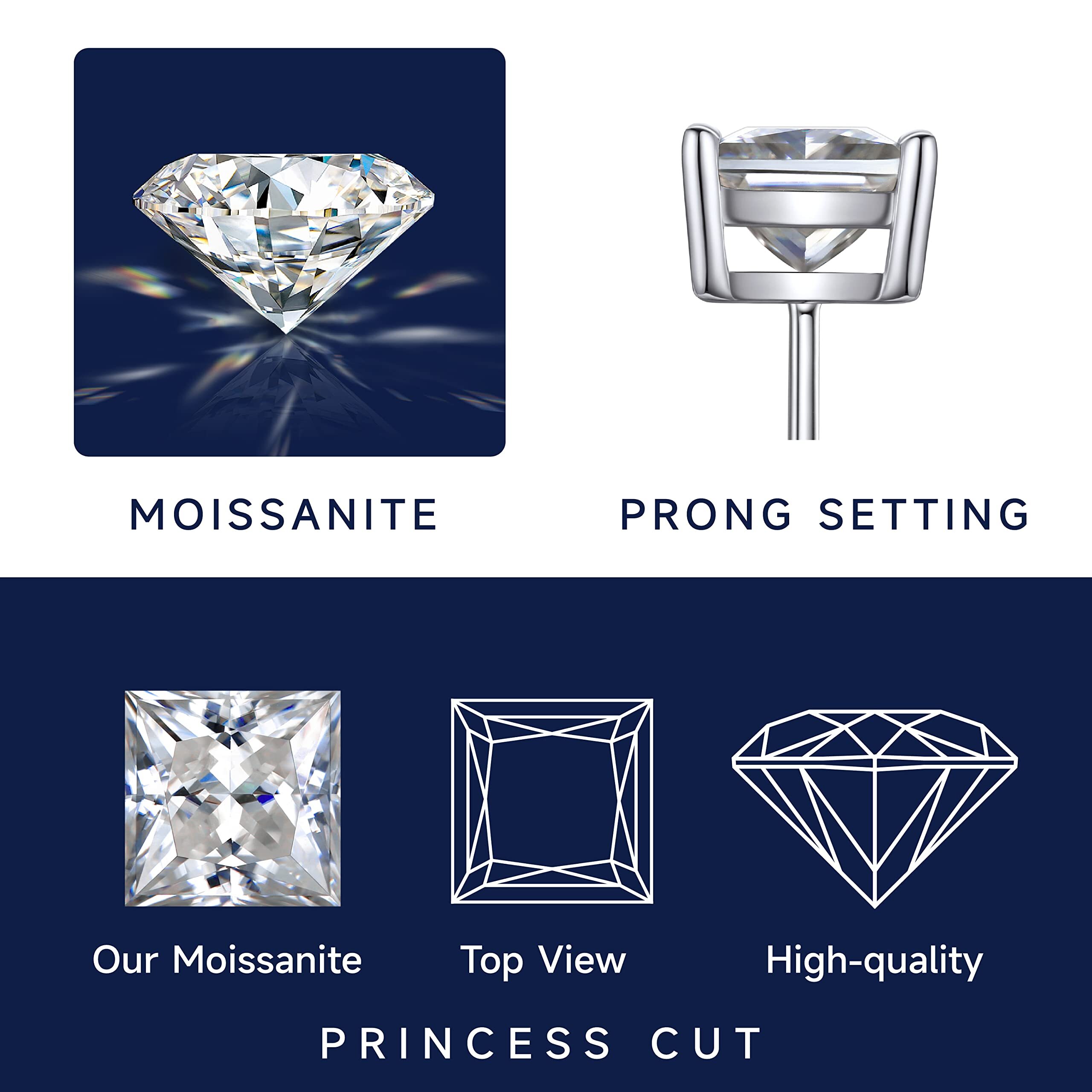 MomentWish Stud Earrings for Women,2Carat Moissanite D Color VVS1 Simulated Diamond Princes Cut 925 Sterling Silver Solitaire Earrings