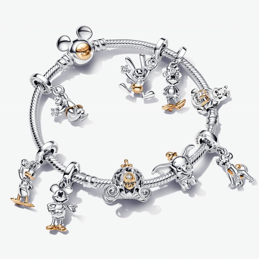 Disney 100th Anniversary Oswald, Cinderella, Minnie and Donald Duck, Baloo, Simba and Dumbo, Mickey Mouse and Winnie the Pooh Charm and Bracelet Set