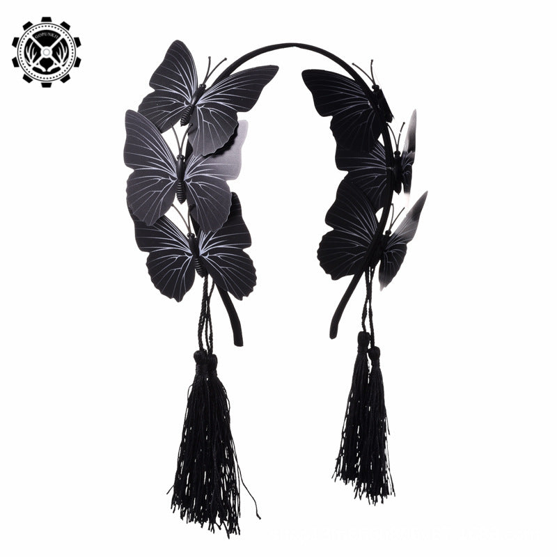 Gothic Black Butterfly Headband Lolita Tassel Dark Black Headband Holiday Party Hair Accessories