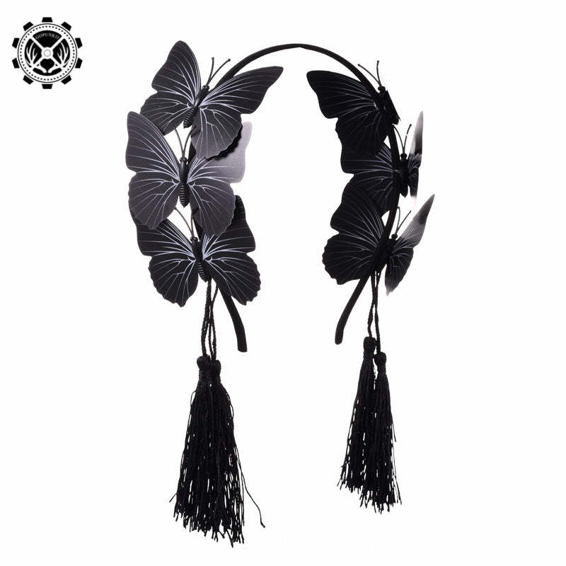Gothic Black Butterfly Headband Lolita Tassel Dark Black Headband Holiday Party Hair Accessories