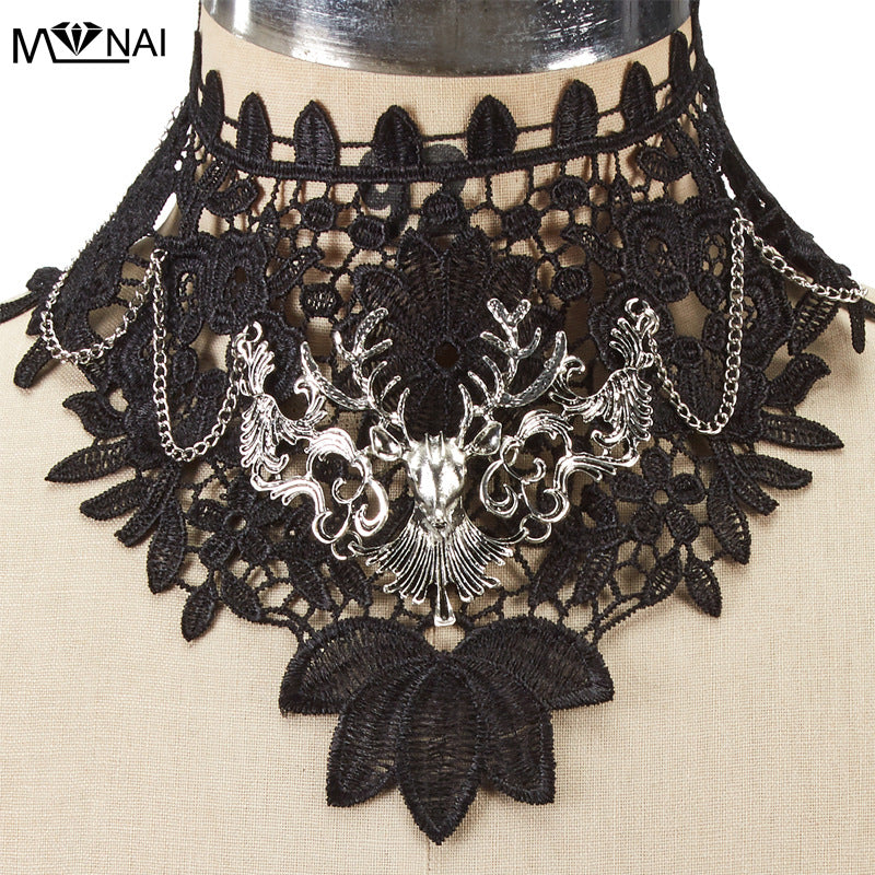 Gothic Hollow Lace Fake High Collar Punk Dark Deer Head Performance Halloween Cosplay False Collar