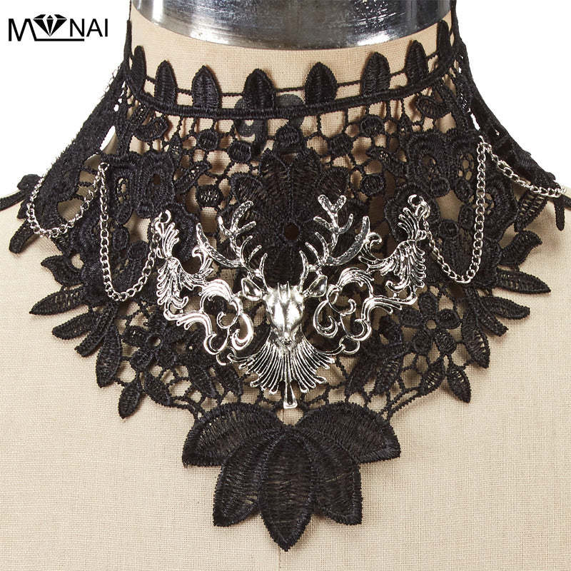 Gothic Hollow Lace Fake High Collar Punk Dark Deer Head Performance Halloween Cosplay False Collar