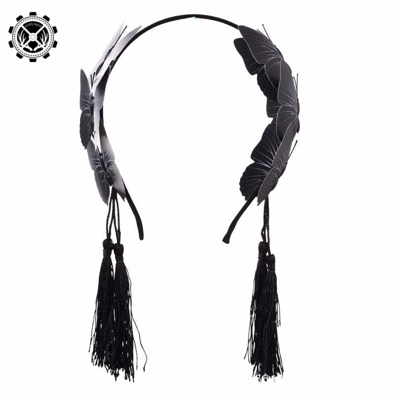 Gothic Black Butterfly Headband Lolita Tassel Dark Black Headband Holiday Party Hair Accessories