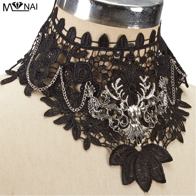 Gothic Hollow Lace Fake High Collar Punk Dark Deer Head Performance Halloween Cosplay False Collar