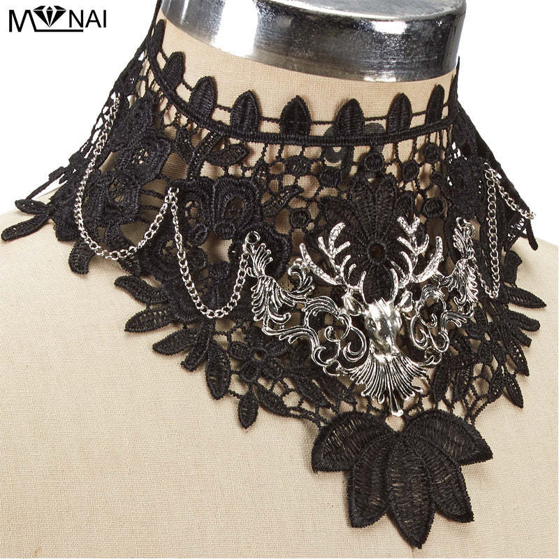 Gothic Hollow Lace Fake High Collar Punk Dark Deer Head Performance Halloween Cosplay False Collar
