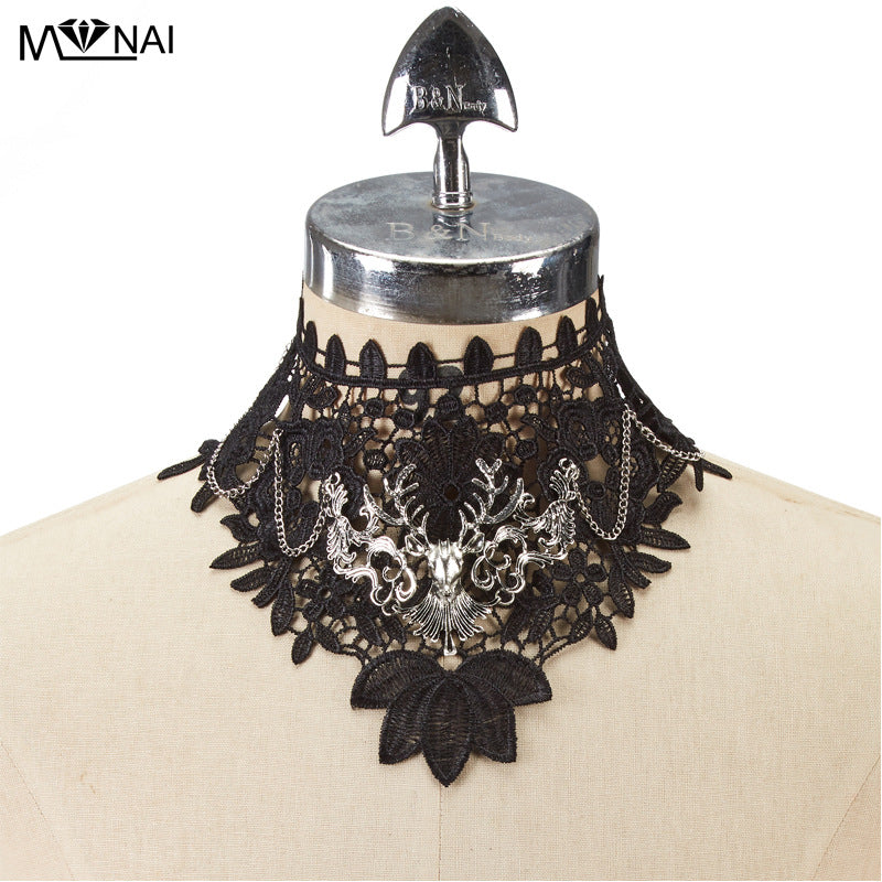 Gothic Hollow Lace Fake High Collar Punk Dark Deer Head Performance Halloween Cosplay False Collar