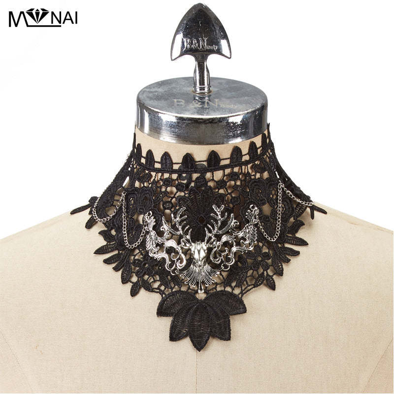 Gothic Hollow Lace Fake High Collar Punk Dark Deer Head Performance Halloween Cosplay False Collar