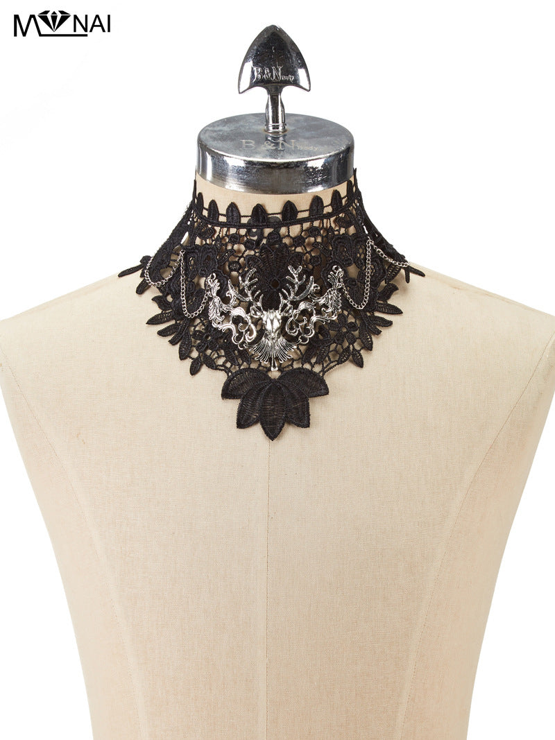 Gothic Hollow Lace Fake High Collar Punk Dark Deer Head Performance Halloween Cosplay False Collar