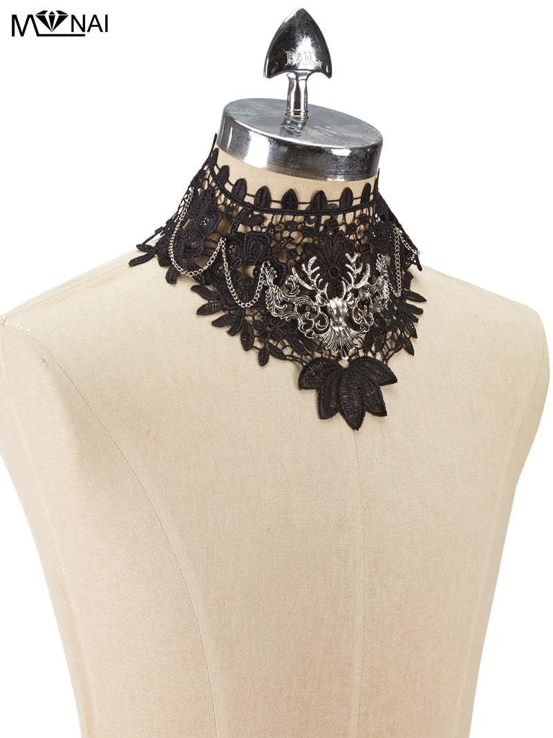 Gothic Hollow Lace Fake High Collar Punk Dark Deer Head Performance Halloween Cosplay False Collar
