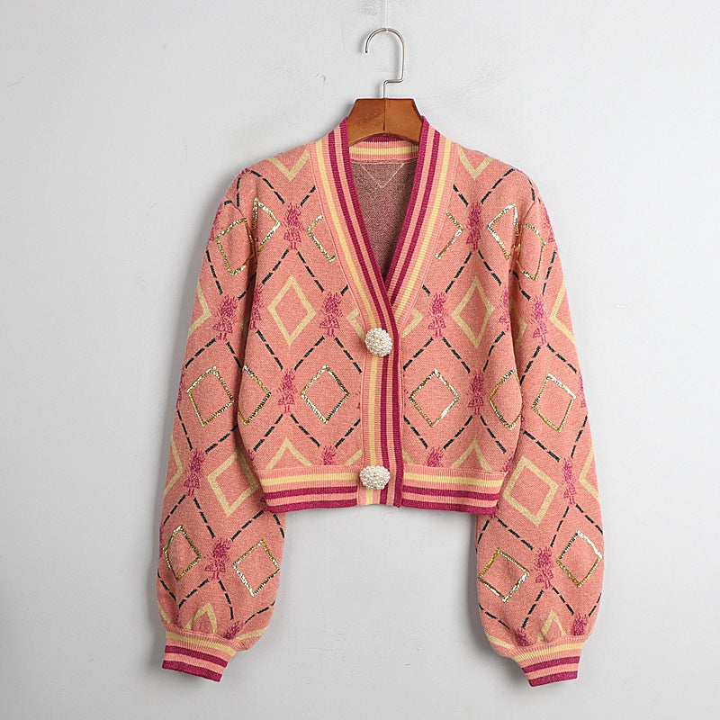 Xiaoxiang style rhombus embroidered knitted sweater cardigan