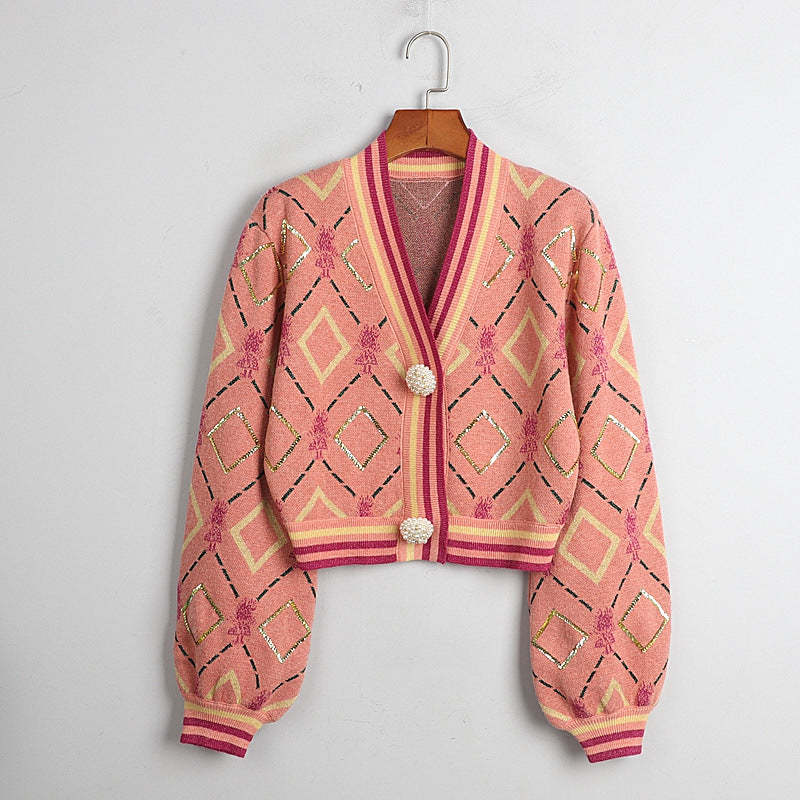 Xiaoxiang style rhombus embroidered knitted sweater cardigan