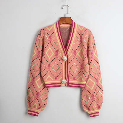 Xiaoxiang style rhombus embroidered knitted sweater cardigan
