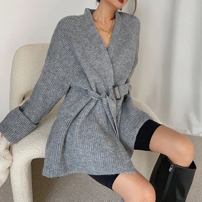 Personalized European and American style belt cardigan sweater coat