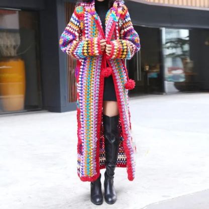 Characteristic ethnic style woolen knitted long cardigan