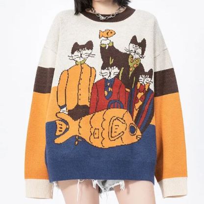 Cartoon Cat Print Pullover Crew Neck Sweater
