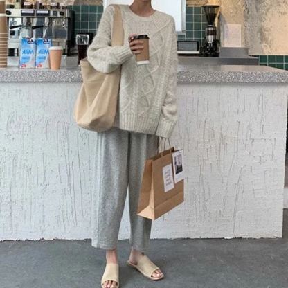 Autumn and winter retro thickened lazy wind loose mohair round neck bottom white pullover sweater