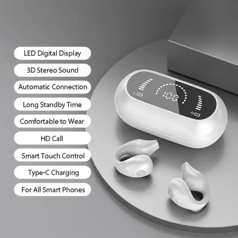 ZENX TWS Wireless Headphones Bluetooth 5.2 Bone Conduction Earphones Earclip Design Touch Control LED In Ear Earbuds Sports Headsets