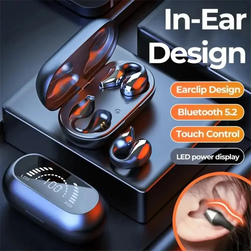 ZENX TWS Wireless Headphones Bluetooth 5.2 Bone Conduction Earphones Earclip Design Touch Control LED In Ear Earbuds Sports Headsets