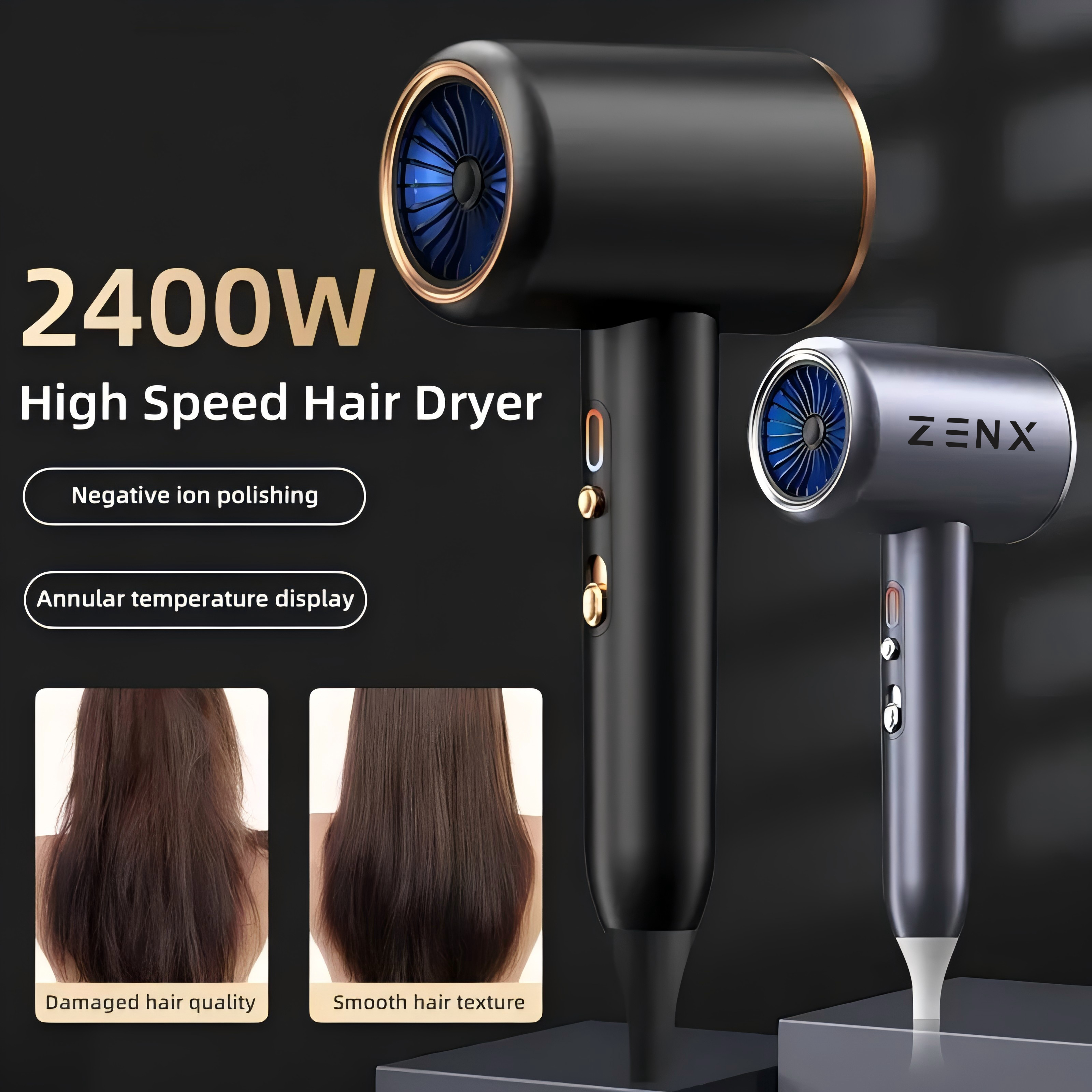 ZENX Professional Hair Dryer Hot Cold Wind Air Brush Hairdryer Negative Lonic Blow Dryer  Strong PowerDryer Salon Tool 2400W 3th Gear