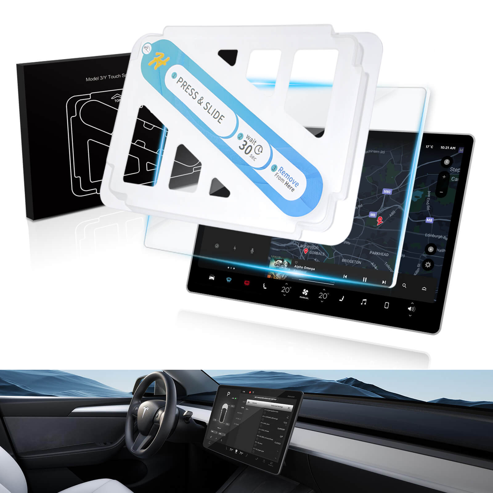 Model 3/Y Tempered Glass Screen Protector with auto-alignment mount kit