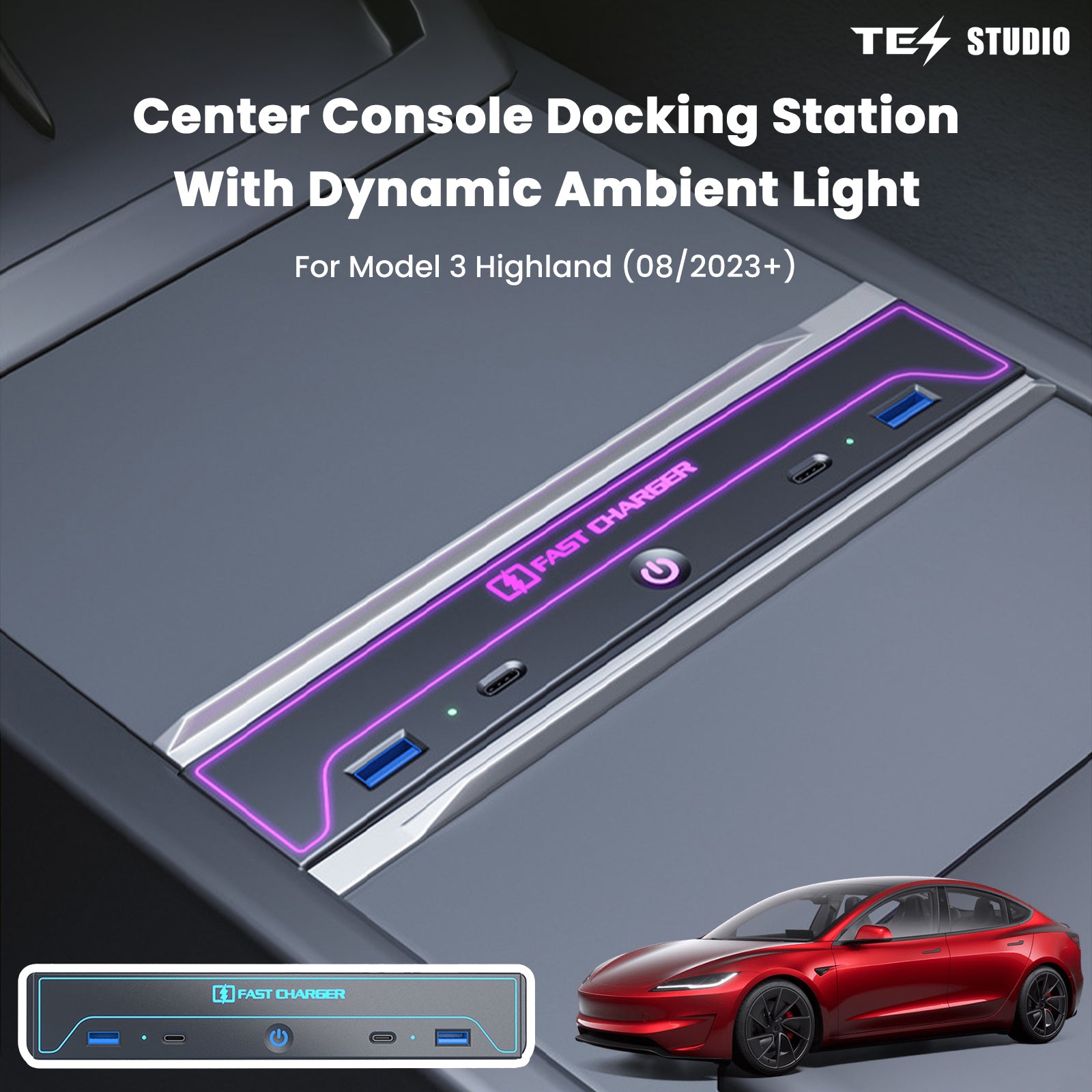 Tesla Model 3 Highland Center Console USB Hub Docking Station Fast Charger With Dynamic Ambient Light Tesstudio?